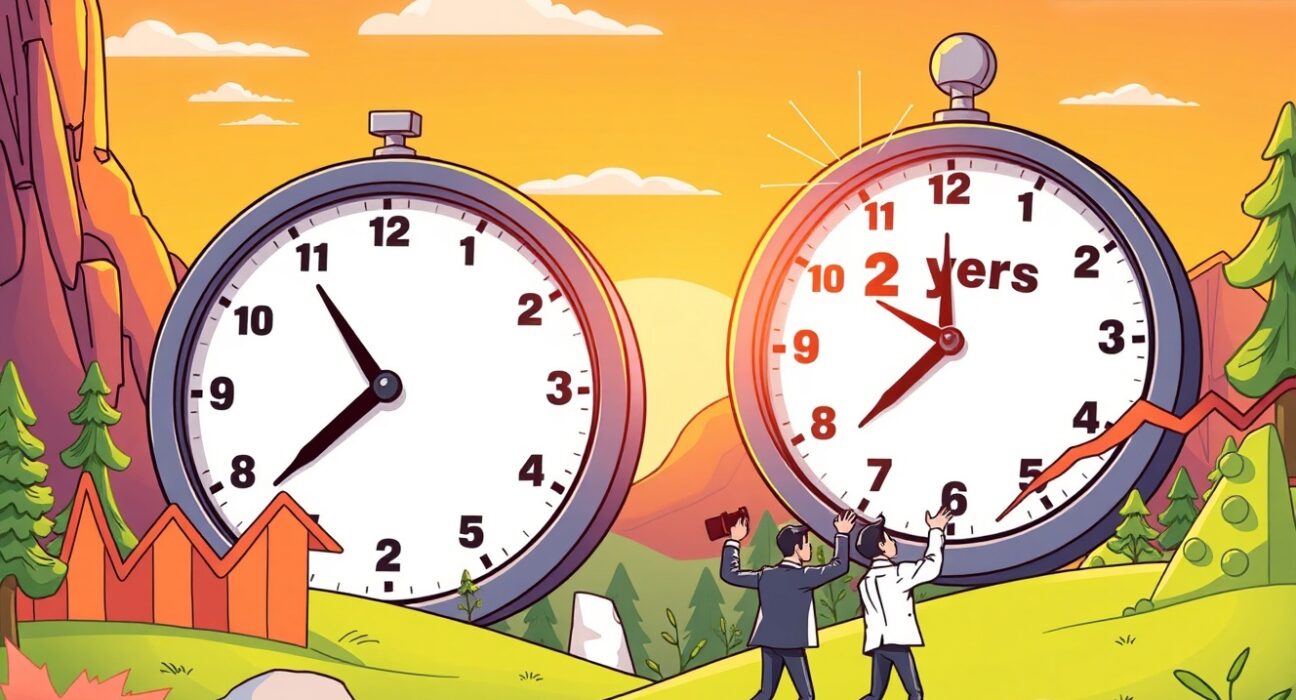 Cartoon illustration showing crypto market cycle transformation from 4-year to 2-year pattern