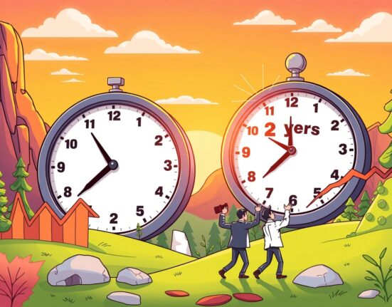 Cartoon illustration showing crypto market cycle transformation from 4-year to 2-year pattern