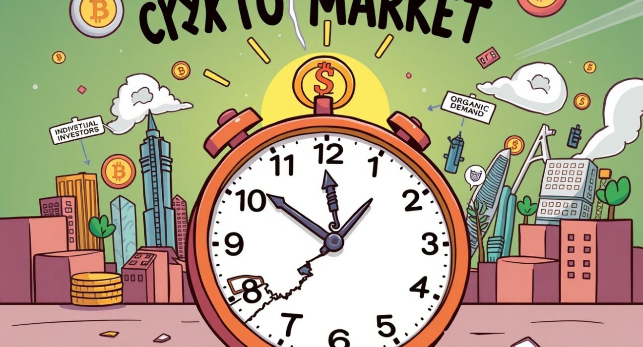 A dynamic cartoon showing the shift from predictable crypto market cycles driven by halving to a new era of organic demand.