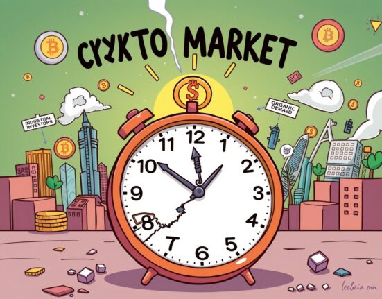 A dynamic cartoon showing the shift from predictable crypto market cycles driven by halving to a new era of organic demand.