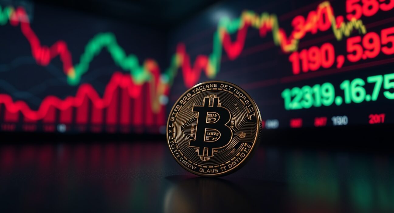 Bitcoin coin on reflective surface with blurred stock market ticker in background showing red arrows