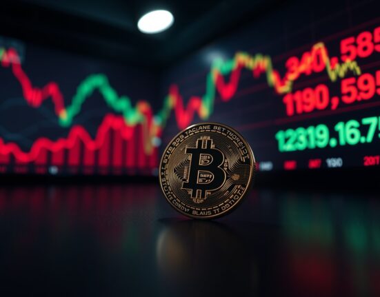 Bitcoin coin on reflective surface with blurred stock market ticker in background showing red arrows