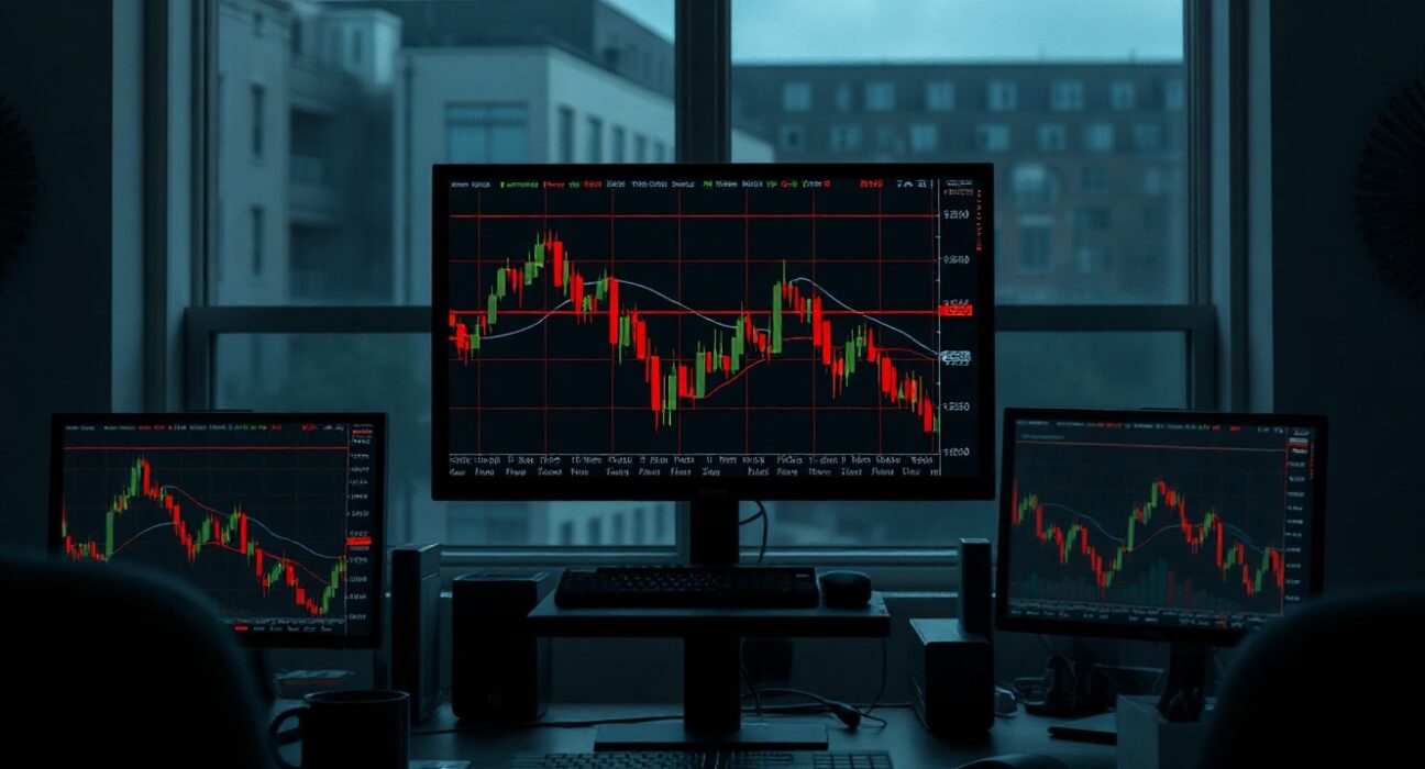 Trading monitors showing declining cryptocurrency charts in a dark room