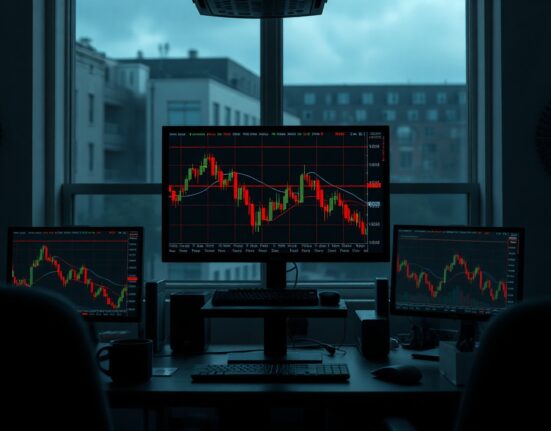 Trading monitors showing declining cryptocurrency charts in a dark room