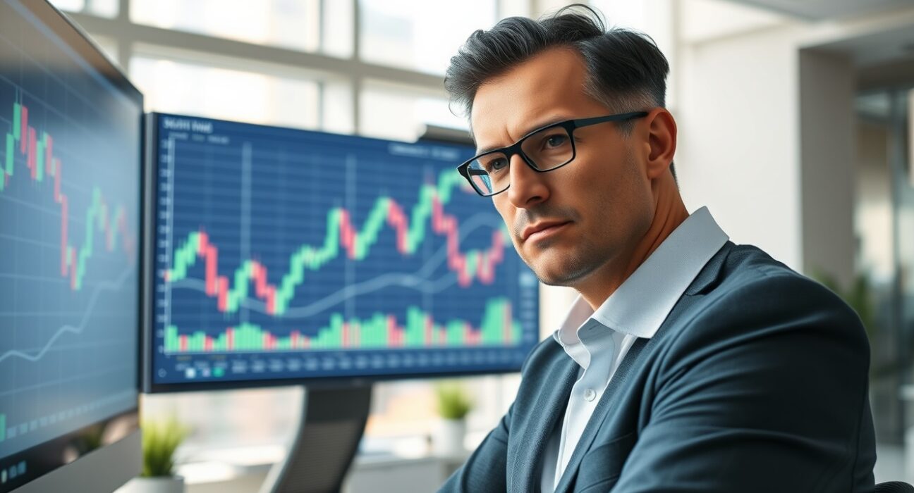 Financial analyst reviewing cryptocurrency market charts showing downward trend in a modern office