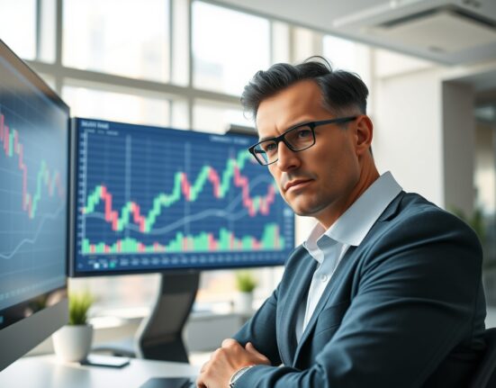 Financial analyst reviewing cryptocurrency market charts showing downward trend in a modern office