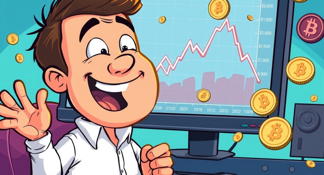 A cartoon illustration of a crypto founder buying digital assets, anticipating a crypto market dip as prices fall around him.