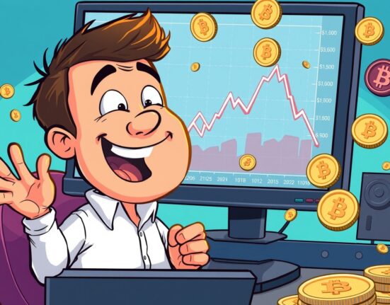 A cartoon illustration of a crypto founder buying digital assets, anticipating a crypto market dip as prices fall around him.