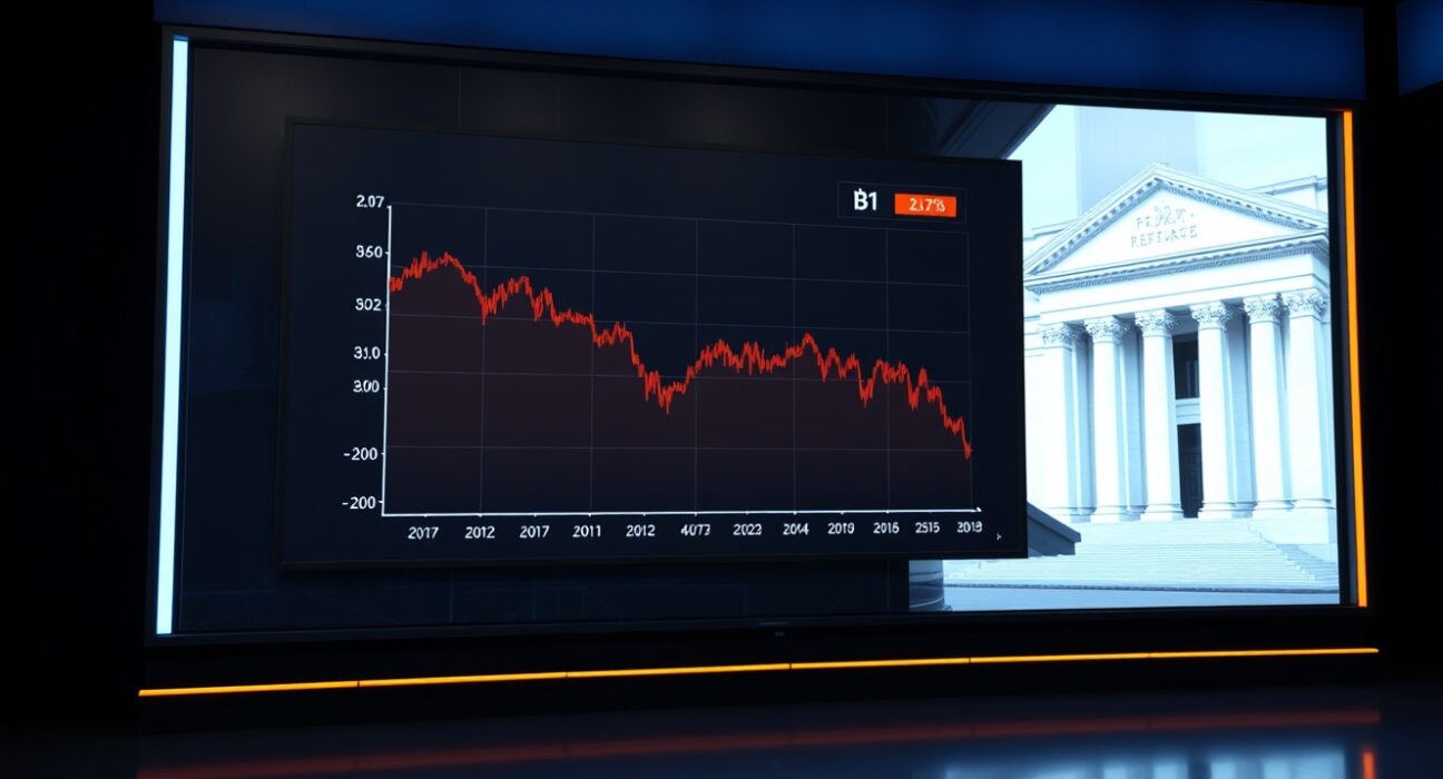 Bitcoin price chart on digital display with Federal Reserve building in background