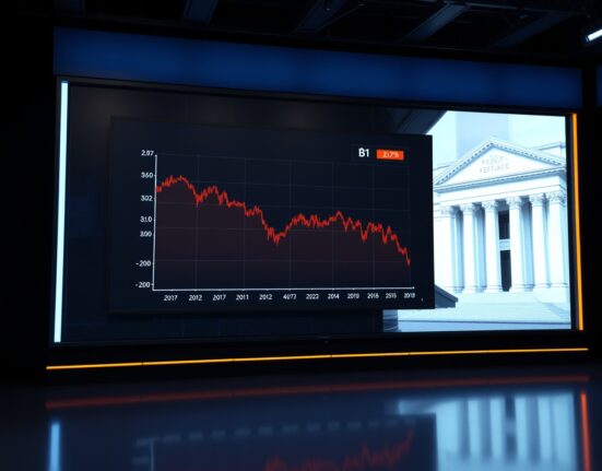Bitcoin price chart on digital display with Federal Reserve building in background