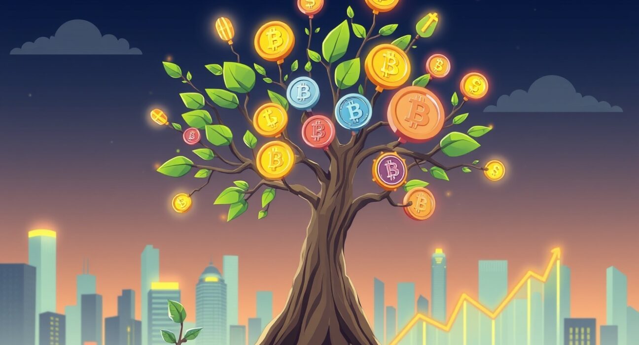 Cartoon illustration showing explosive crypto market growth from small seed to massive digital ecosystem