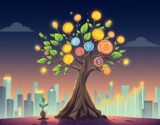 Cartoon illustration showing explosive crypto market growth from small seed to massive digital ecosystem