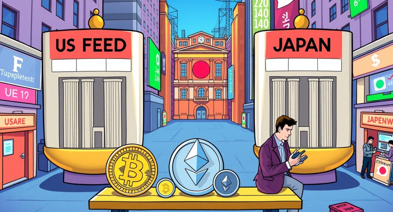 Cartoon illustration of crypto market in holding pattern awaiting US and Japan rate decisions