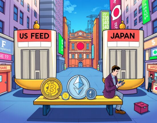 Cartoon illustration of crypto market in holding pattern awaiting US and Japan rate decisions