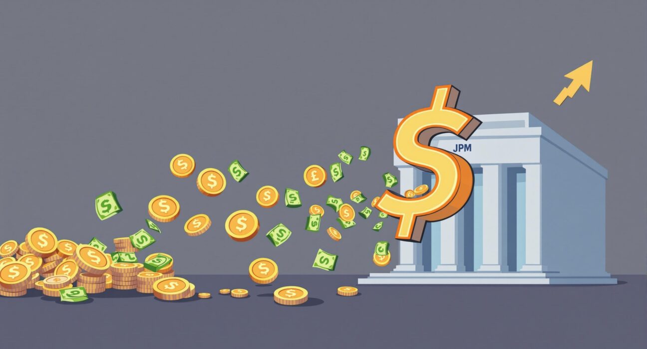 Cartoon illustration showing significant crypto market inflows, with money flowing into digital assets, representing JPMorgan's optimistic forecast.