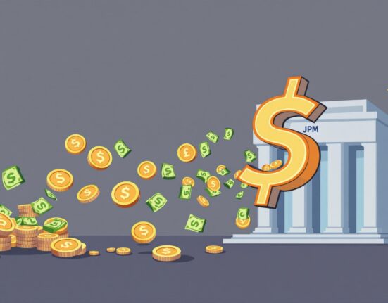 Cartoon illustration showing significant crypto market inflows, with money flowing into digital assets, representing JPMorgan's optimistic forecast.