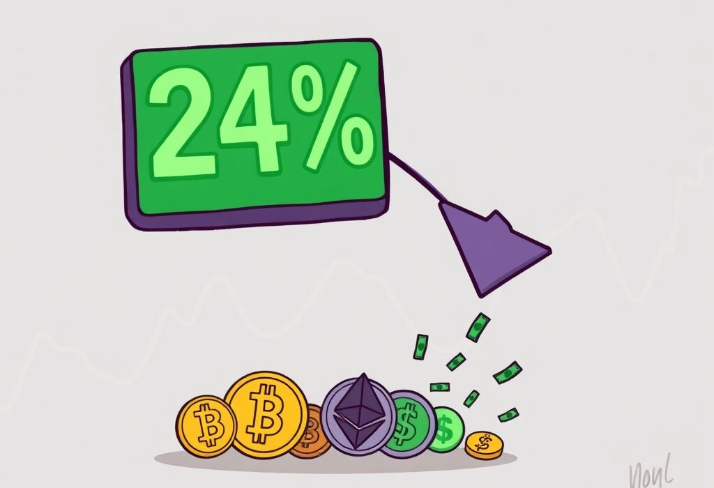 A cartoon image illustrating a significant 24% drop in crypto market inflows, with money flowing away from digital assets.