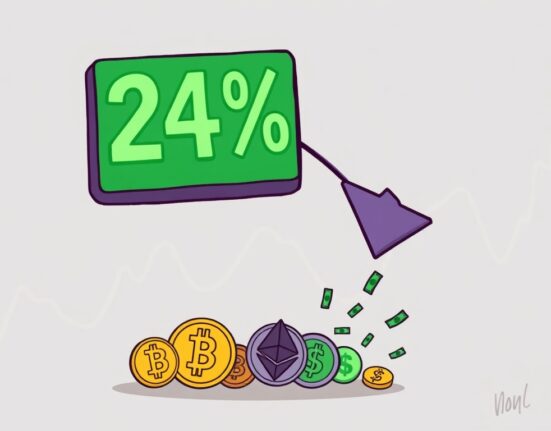 A cartoon image illustrating a significant 24% drop in crypto market inflows, with money flowing away from digital assets.