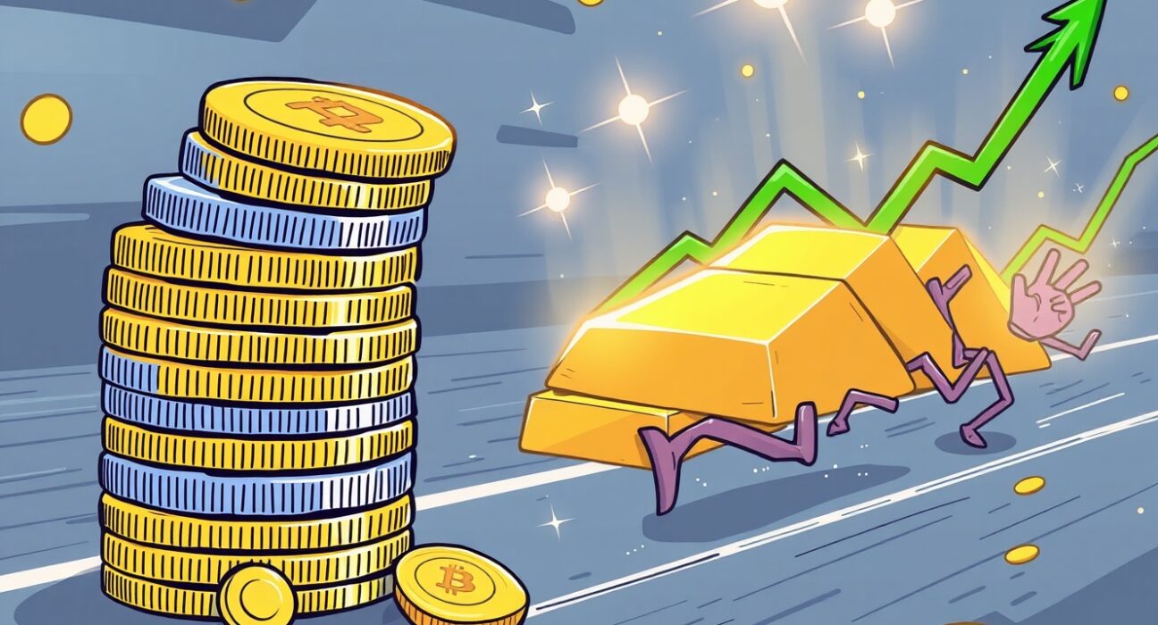 A cartoon showing crypto coins struggling while gold and stocks rise, illustrating the current crypto market lag.