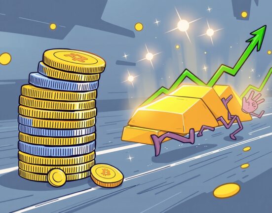 A cartoon showing crypto coins struggling while gold and stocks rise, illustrating the current crypto market lag.