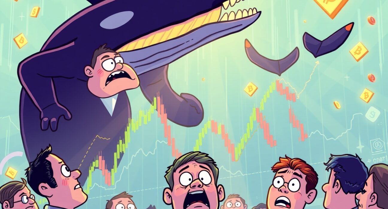 Cartoon illustration exposing crypto market manipulation through institutional pump-and-dump schemes