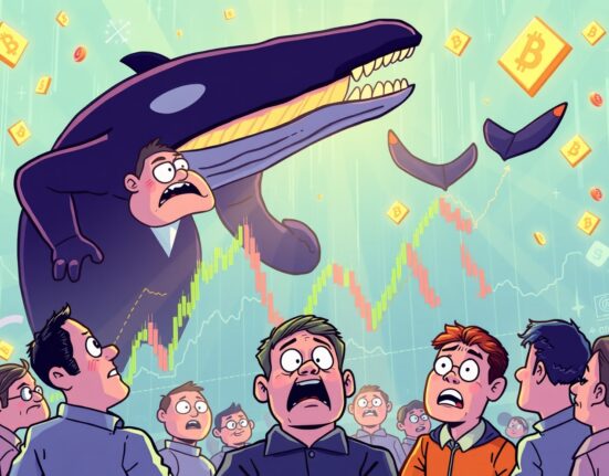 Cartoon illustration exposing crypto market manipulation through institutional pump-and-dump schemes