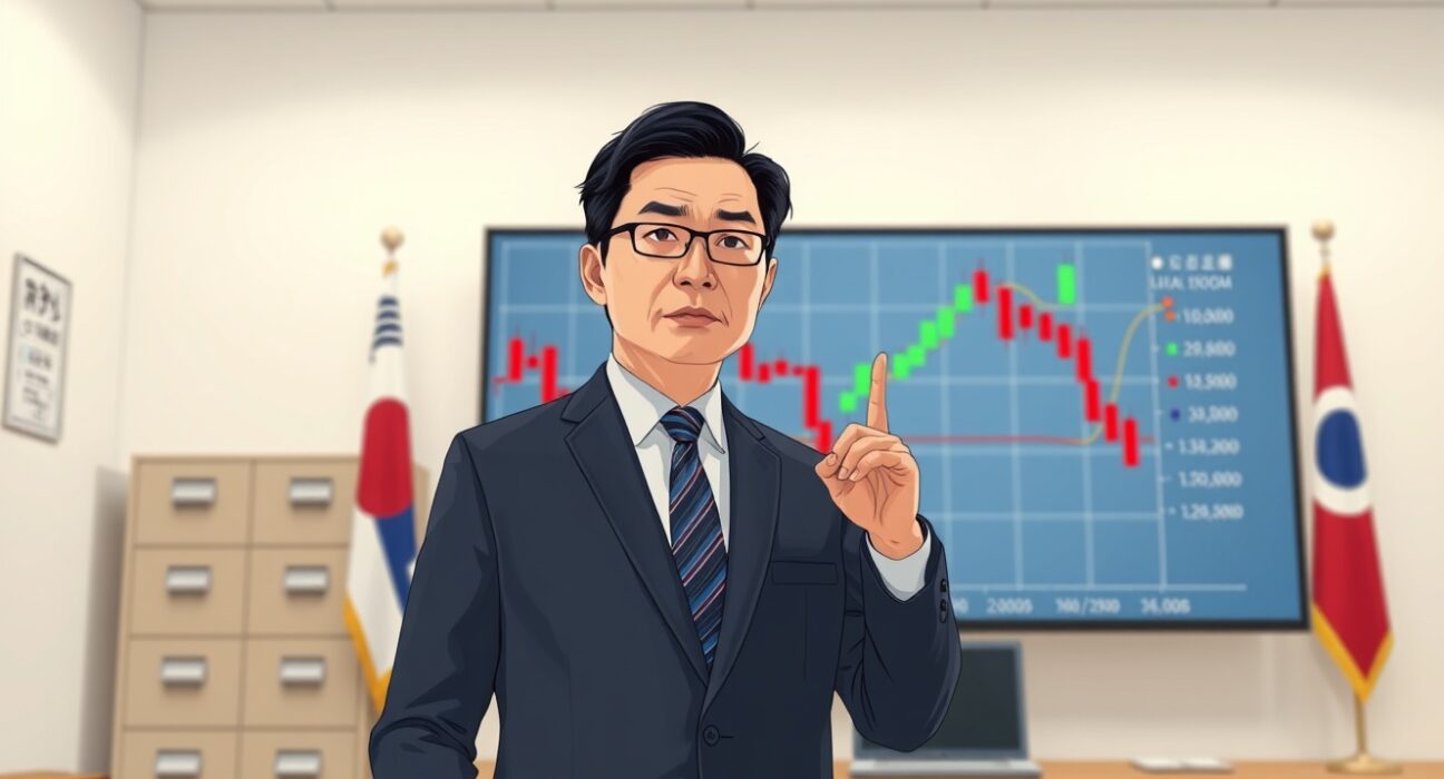 South Korean financial regulator investigating crypto market manipulation cases with digital trading charts in background