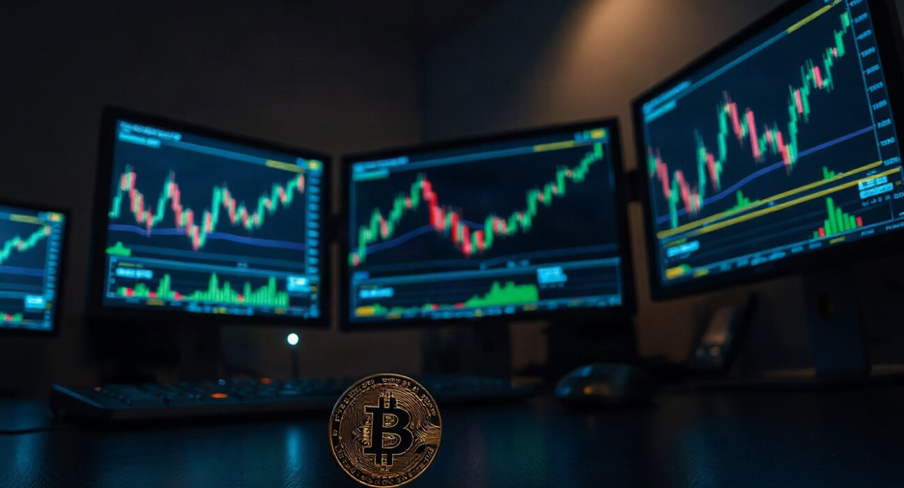Crypto trading desk with Bitcoin coin and upward charts
