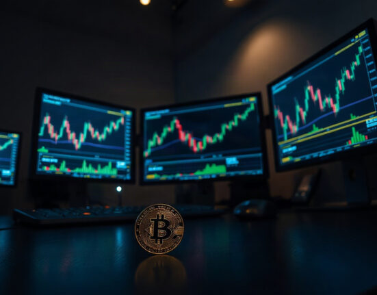 Crypto trading desk with Bitcoin coin and upward charts