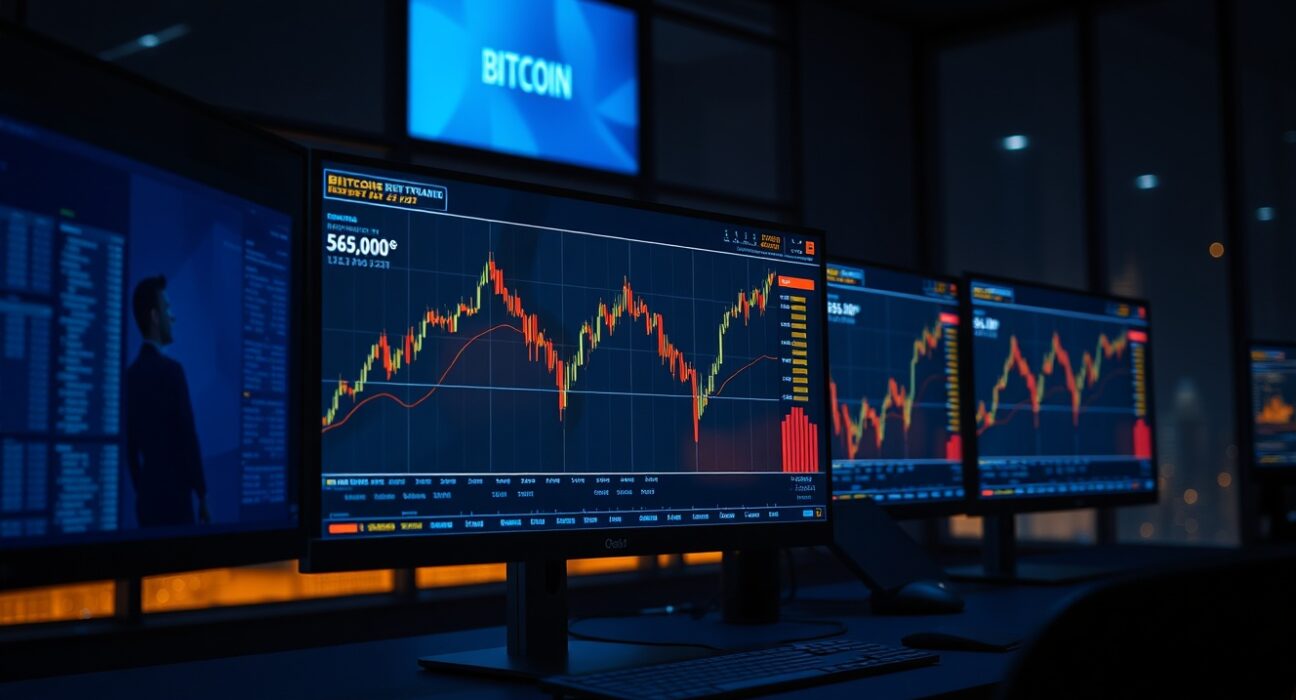 Trading desk with cryptocurrency charts showing Bitcoin price near $80,000 resistance level