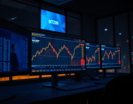 Trading desk with cryptocurrency charts showing Bitcoin price near $80,000 resistance level
