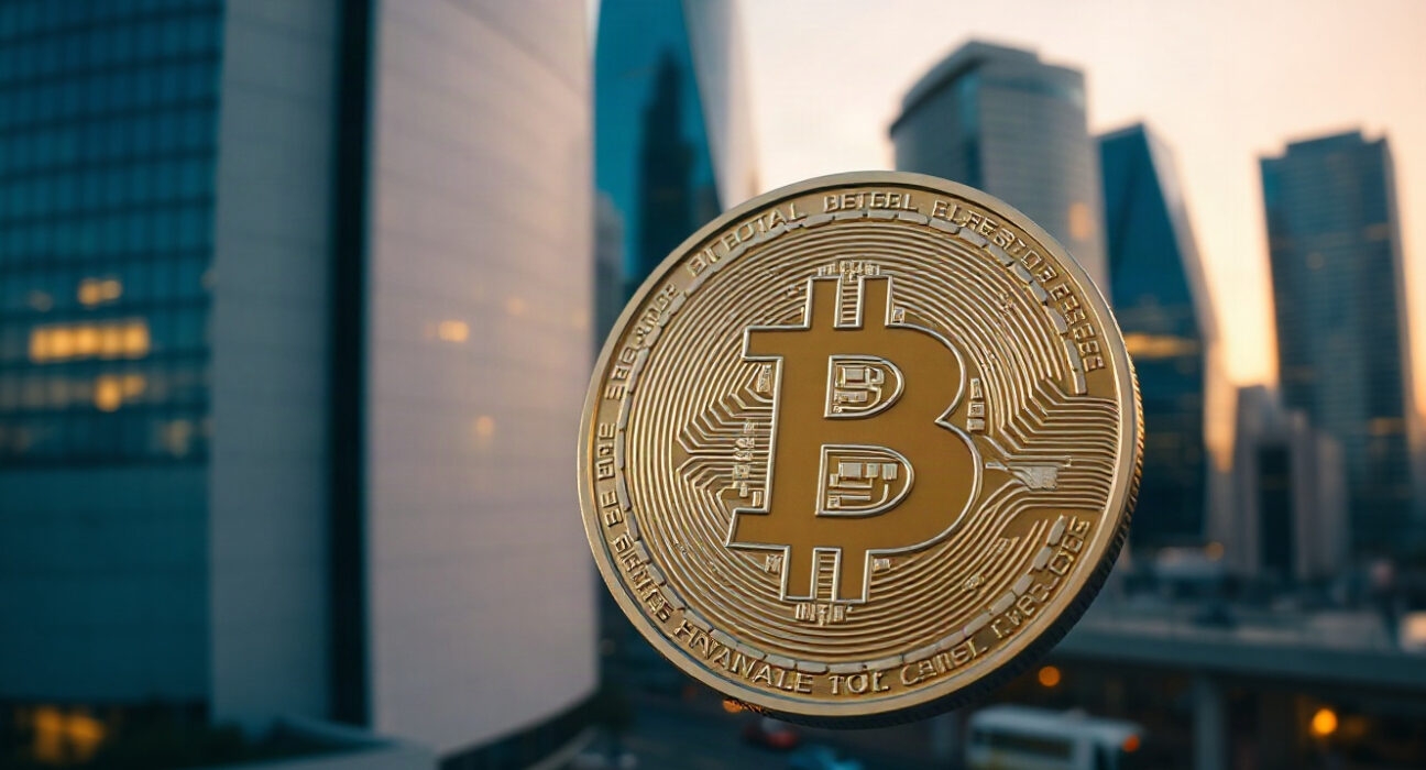 Bitcoin coin in focus with financial district skyline in background, symbolizing crypto market rally and future outlook