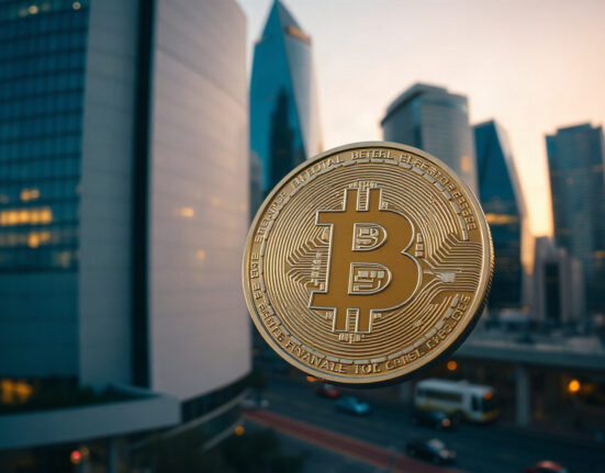 Bitcoin coin in focus with financial district skyline in background, symbolizing crypto market rally and future outlook