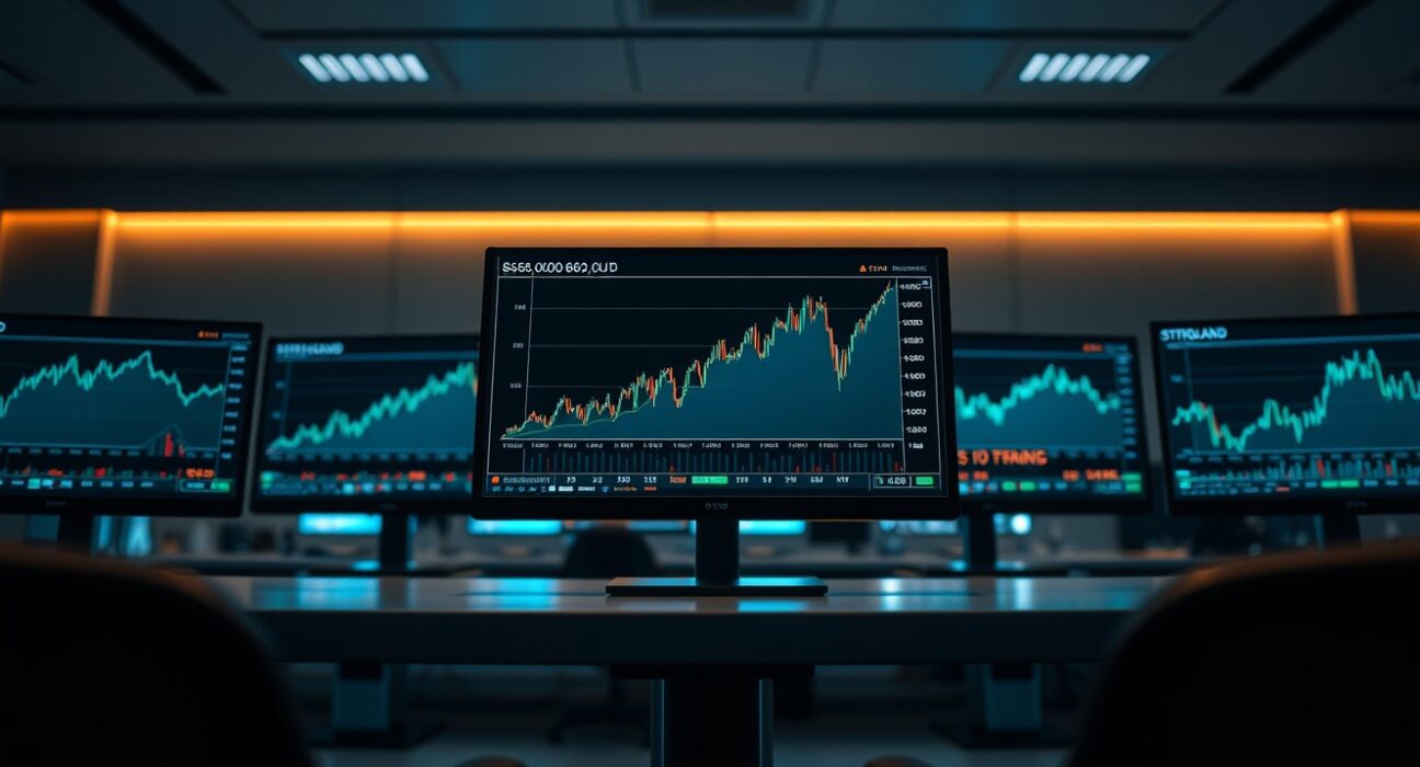 Bitcoin price chart at $65,000 on a trading monitor with AAVE and ONDO altcoin charts in background