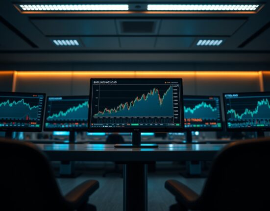 Bitcoin price chart at $65,000 on a trading monitor with AAVE and ONDO altcoin charts in background