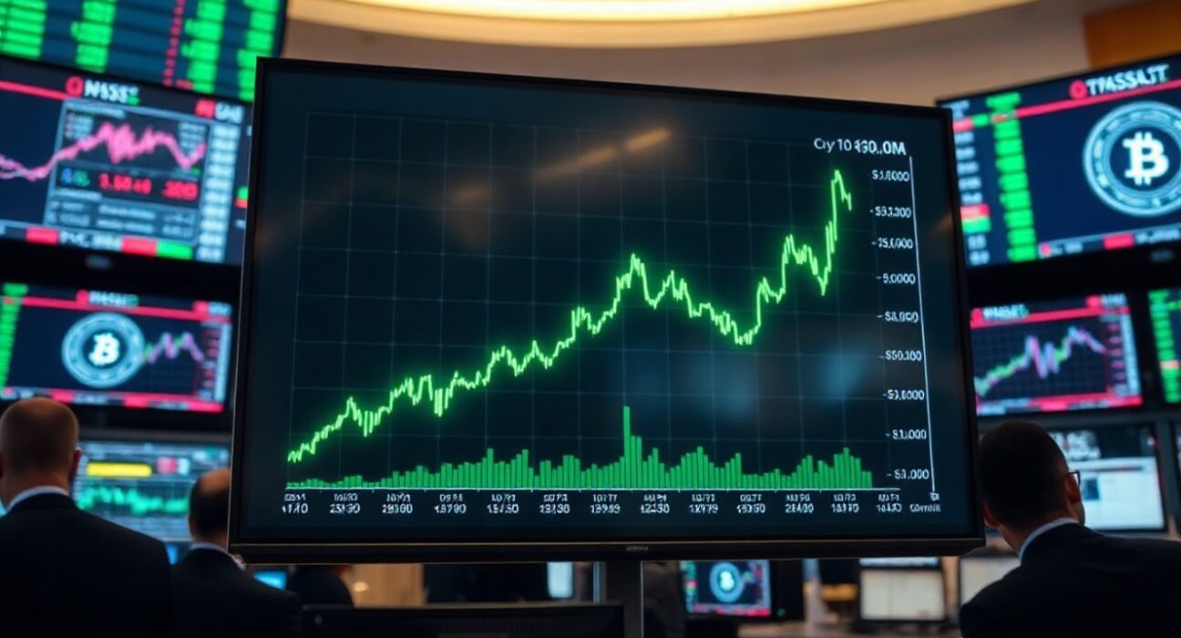 Digital screen showing rising cryptocurrency price charts on a trading floor