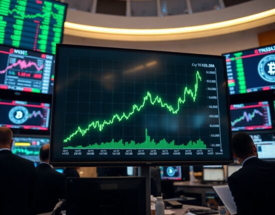 Digital screen showing rising cryptocurrency price charts on a trading floor