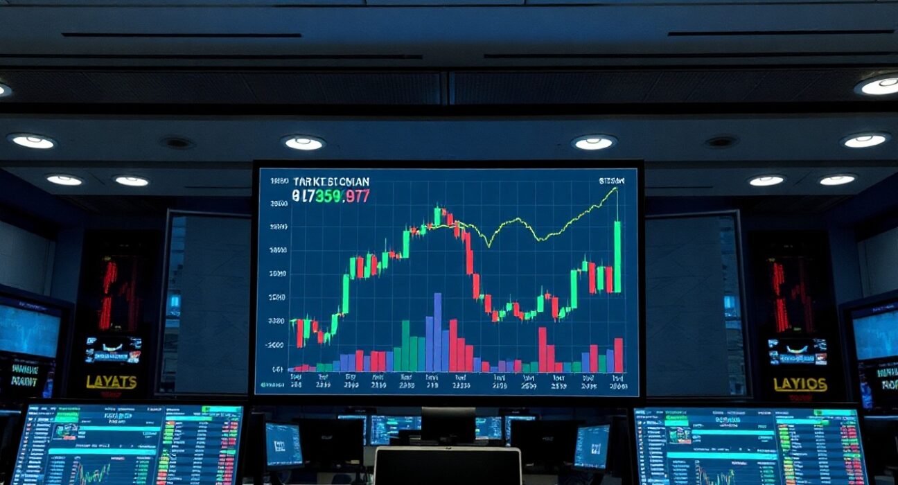 Digital trading screen showing Bitcoin price chart and market data in a newsroom setting
