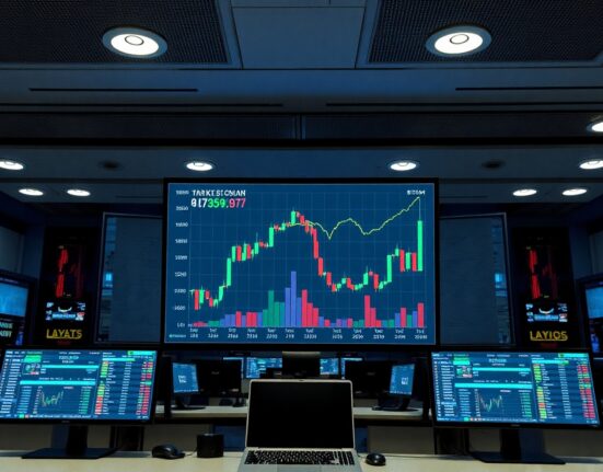 Digital trading screen showing Bitcoin price chart and market data in a newsroom setting