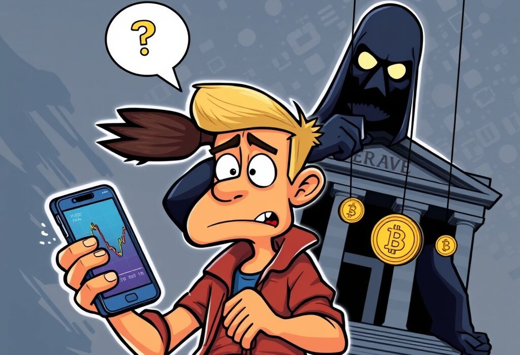 A cartoon illustration showing the crypto market experiencing a significant decline due to looming Federal Reserve decisions.