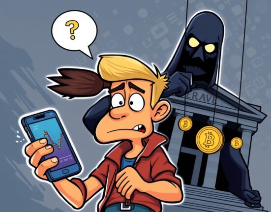 A cartoon illustration showing the crypto market experiencing a significant decline due to looming Federal Reserve decisions.