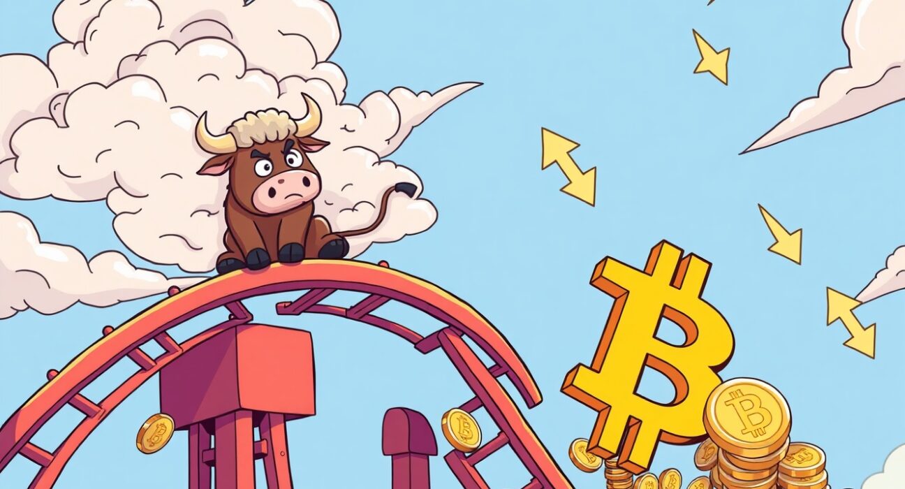 Cartoon illustration of the crypto market plunging with Bitcoin on a downward rollercoaster