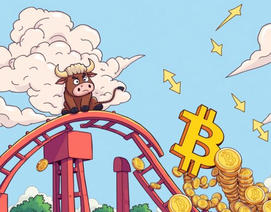 Cartoon illustration of the crypto market plunging with Bitcoin on a downward rollercoaster
