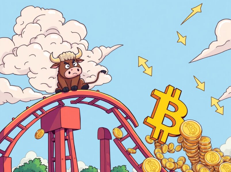 Cartoon illustration of the crypto market plunging with Bitcoin on a downward rollercoaster