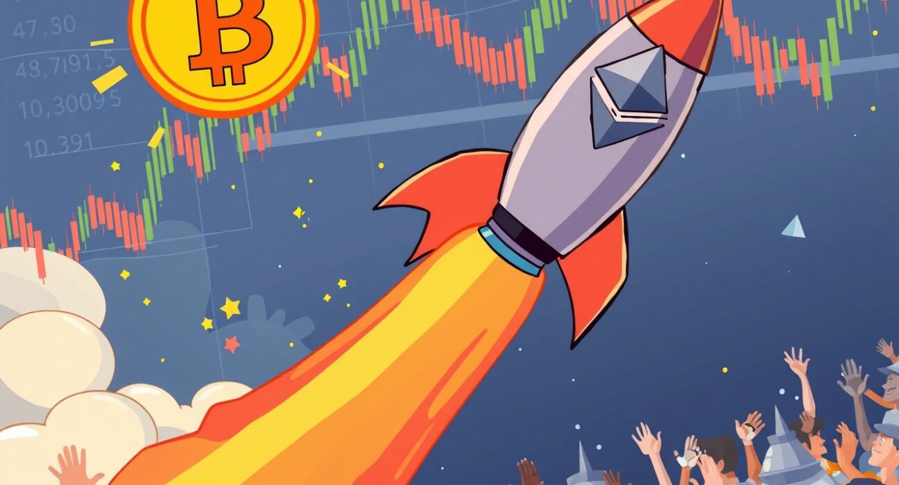 Cartoon illustration showing Bitcoin and Ethereum surging, representing the anticipated crypto market rally by year-end.