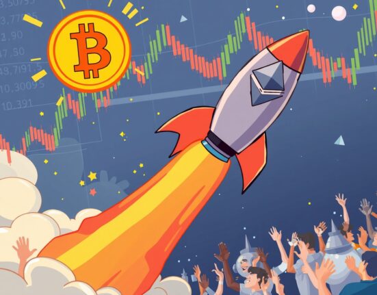 Cartoon illustration showing Bitcoin and Ethereum surging, representing the anticipated crypto market rally by year-end.