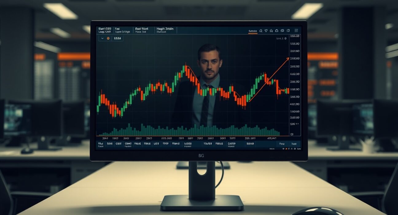 Bitcoin price chart showing sideways trading range on a monitor in a trading office