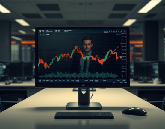 Bitcoin price chart showing sideways trading range on a monitor in a trading office
