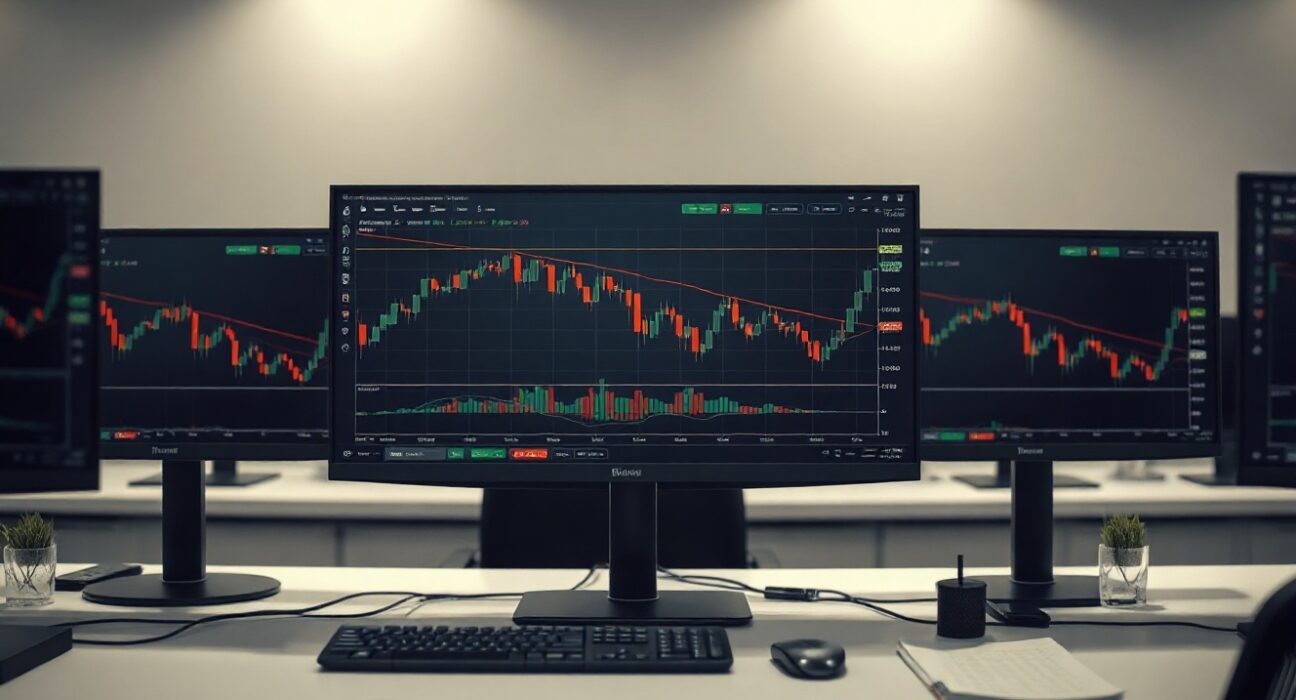 Bitcoin price chart showing range-bound trading on a monitor in a professional trading desk setting
