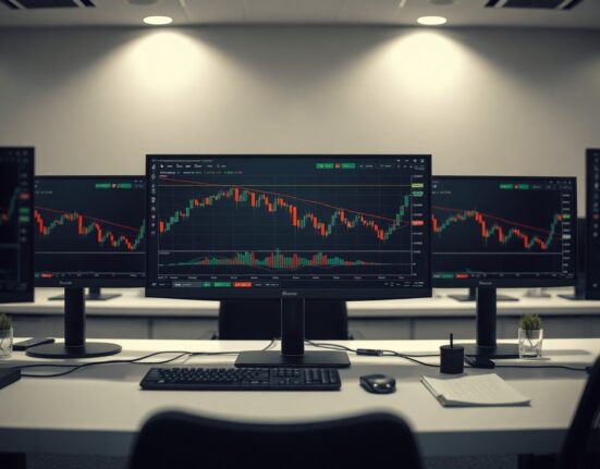 Bitcoin price chart showing range-bound trading on a monitor in a professional trading desk setting